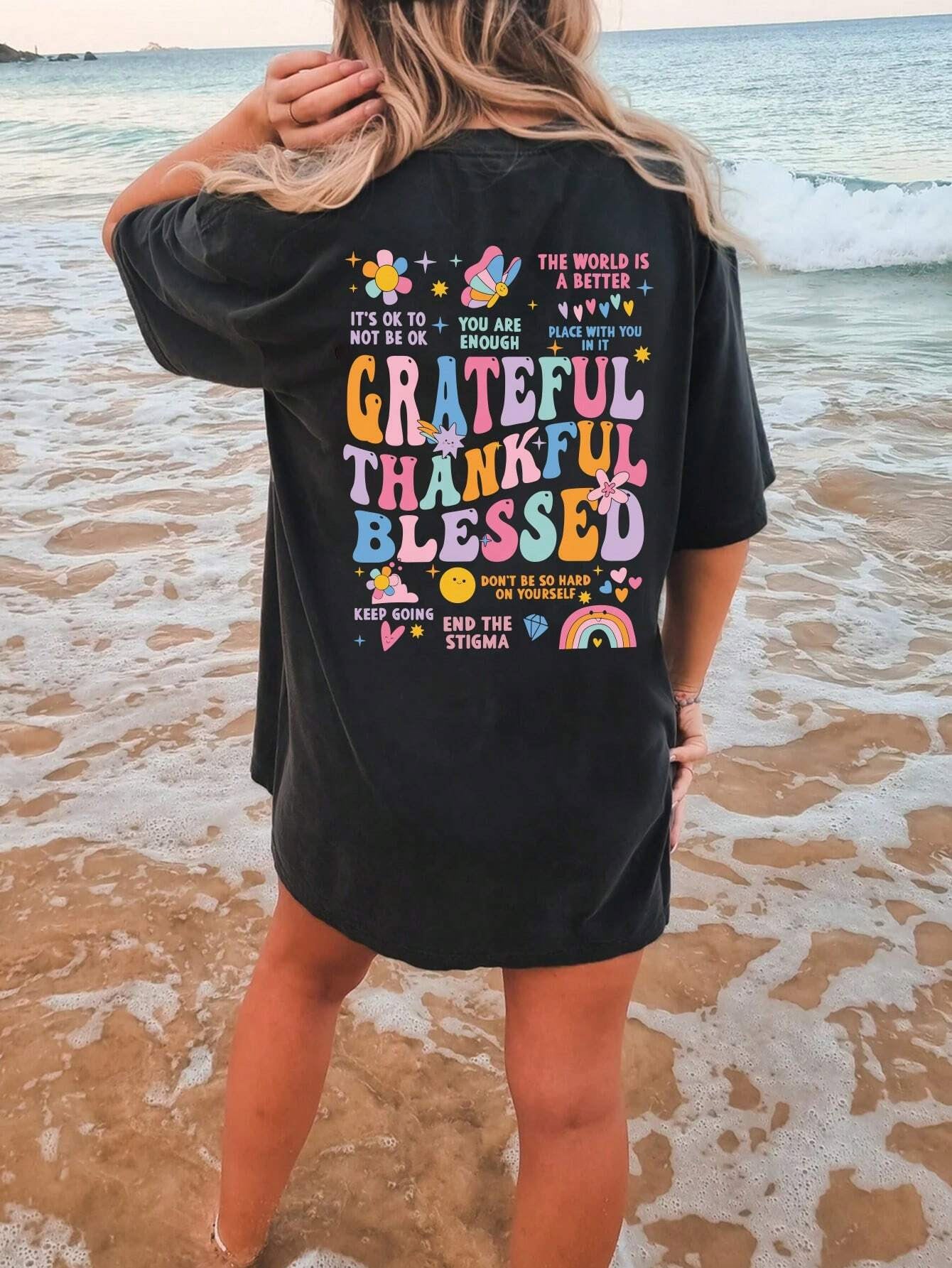 Grateful Thankful Blessed Graphic Round Neck Short Sleeve T-Shirt