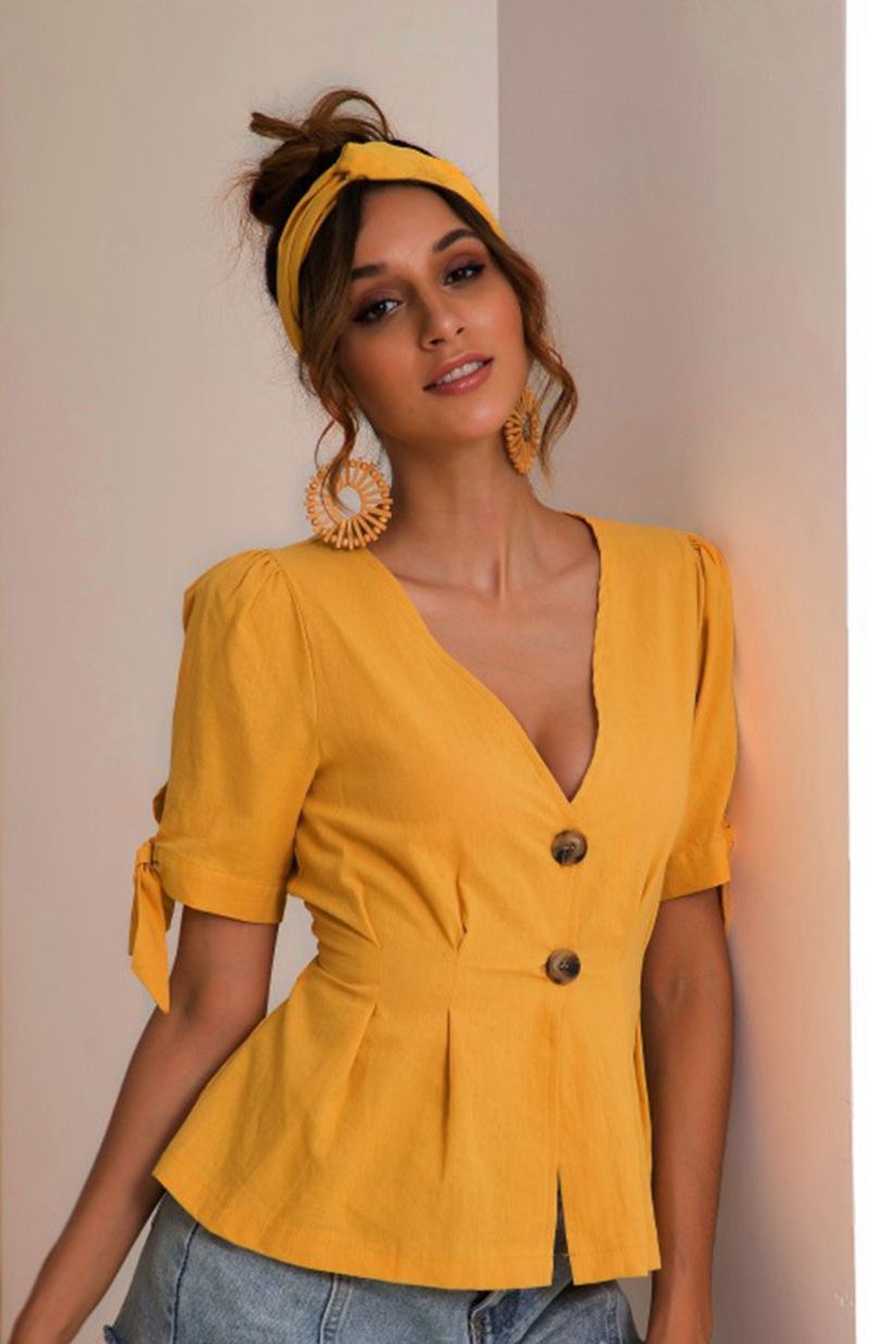 Buttoned V-Neck Short Sleeve Blouse
