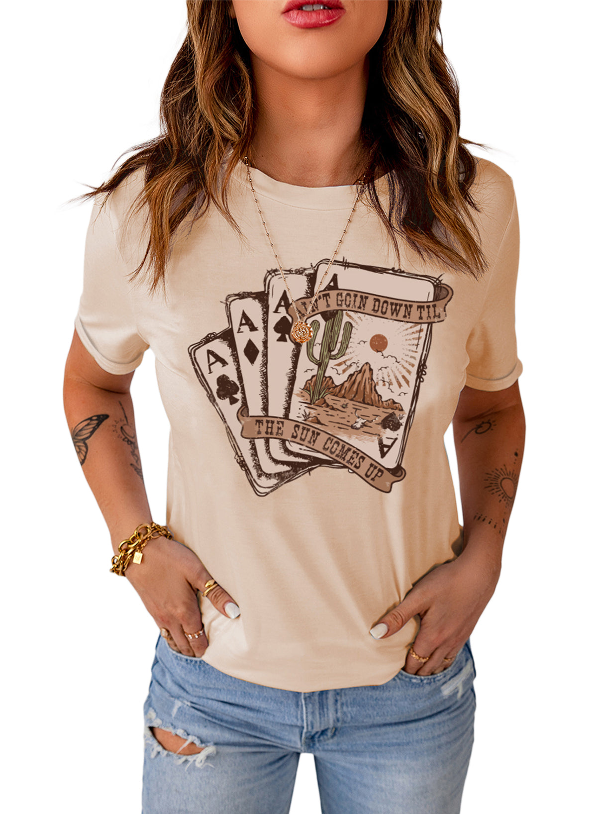 Khaki Western Poker Card Graphic T Shirt