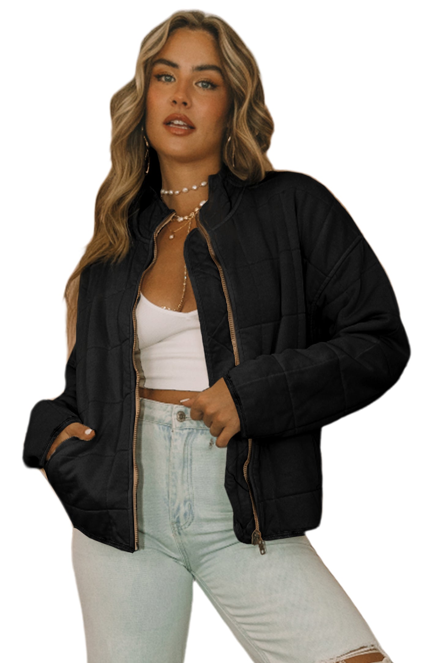 Green Zip-Up Pocket Quilted Jacket