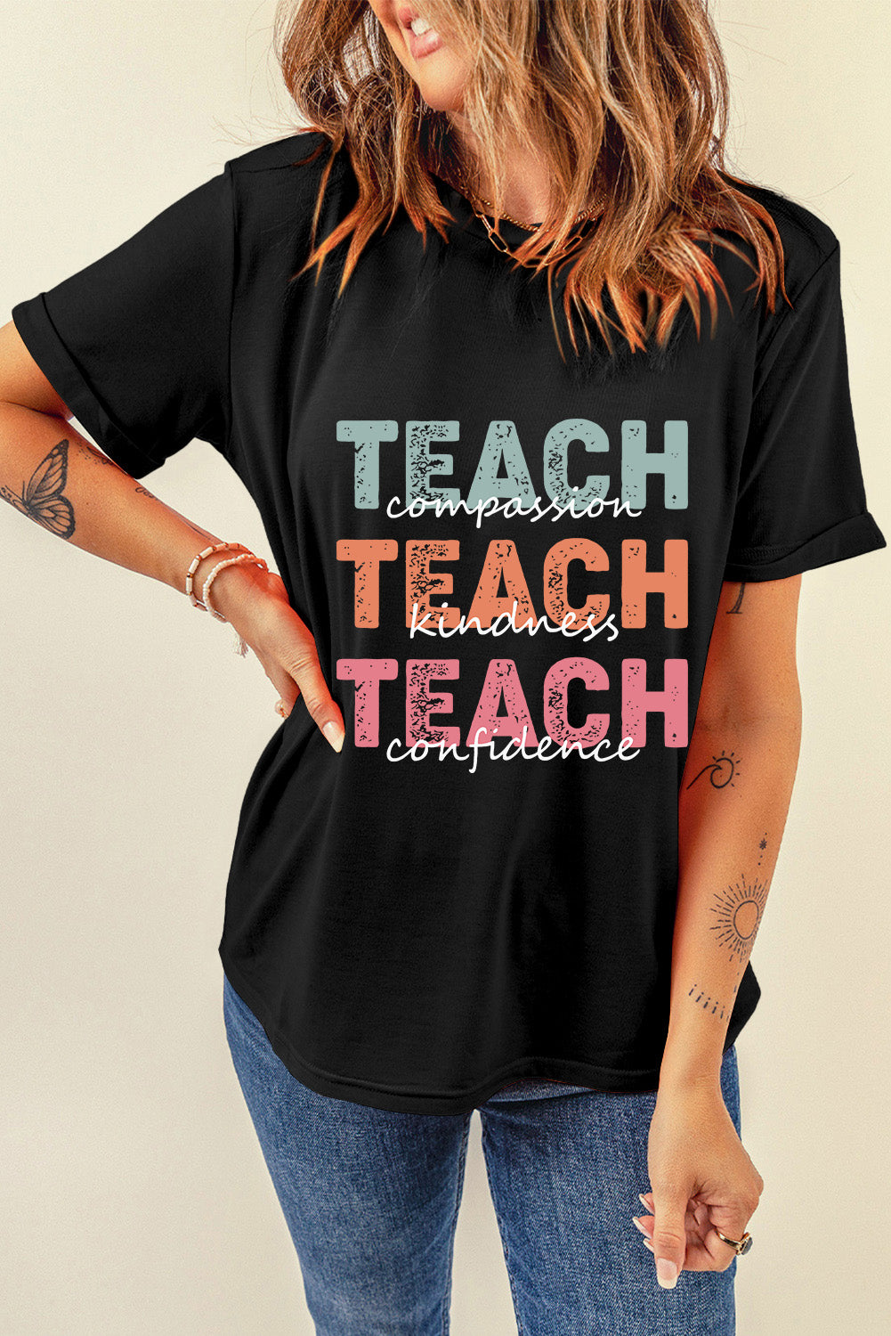 Teach Letter Graphic Round Neck Short Sleeve T-Shirt