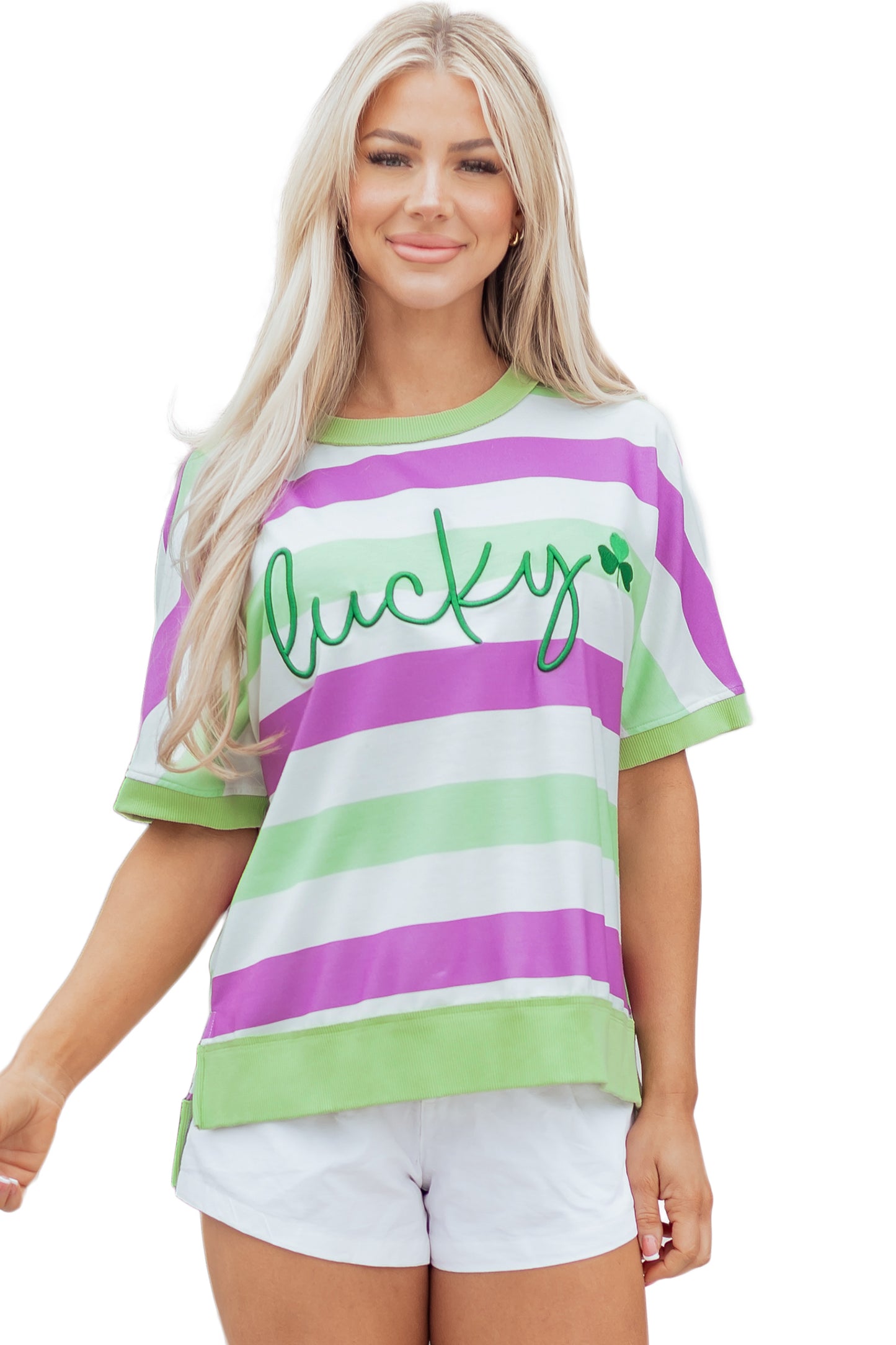 Green Stripe Lucky Clover Embroidered Graphic Dolman Loose Tee