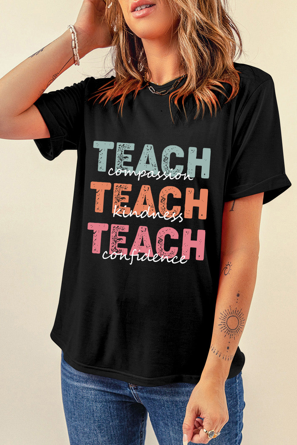 Teach Letter Graphic Round Neck Short Sleeve T-Shirt