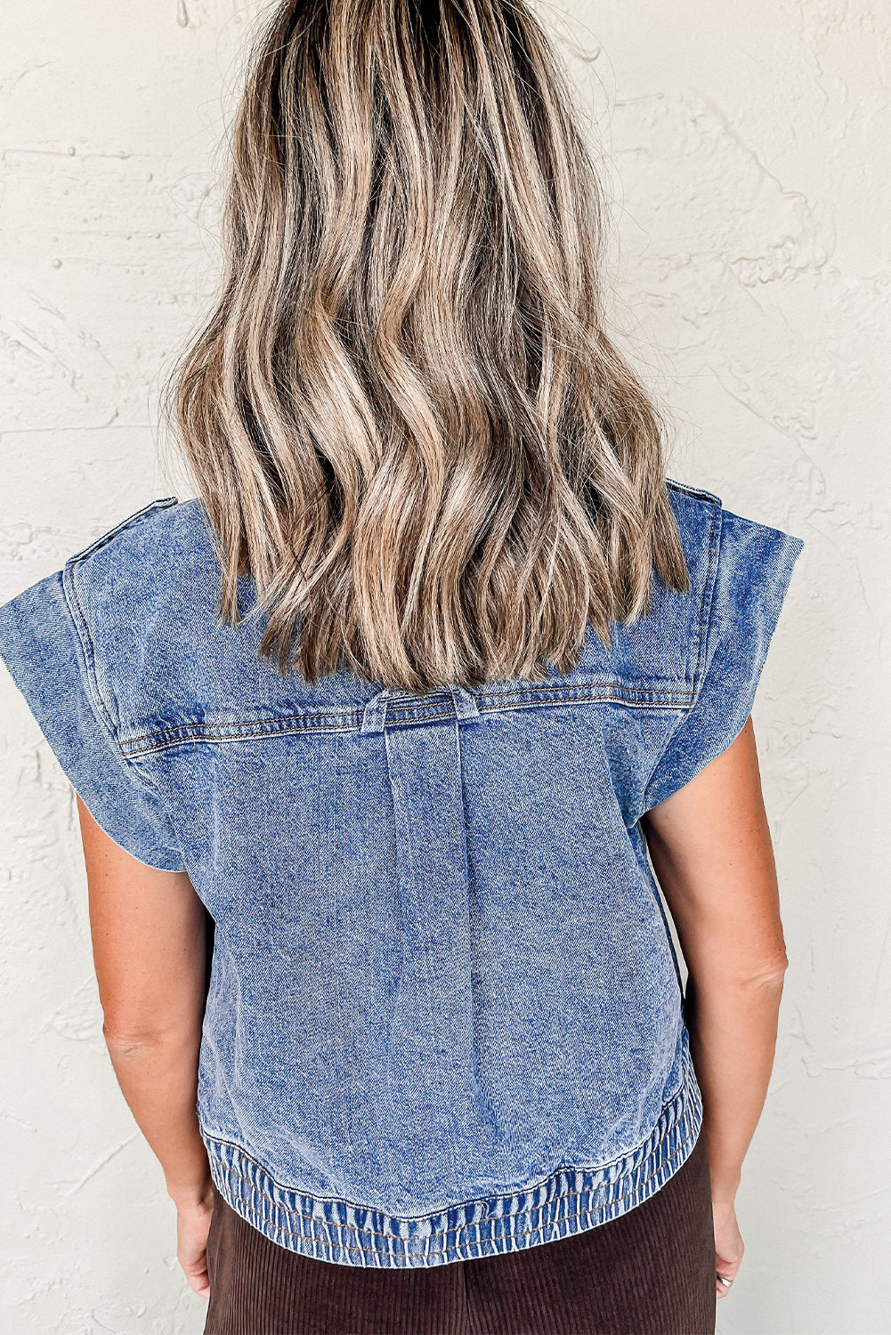 Ashleigh Blue Acid Wash Elastic Hem Button Up Denim Top