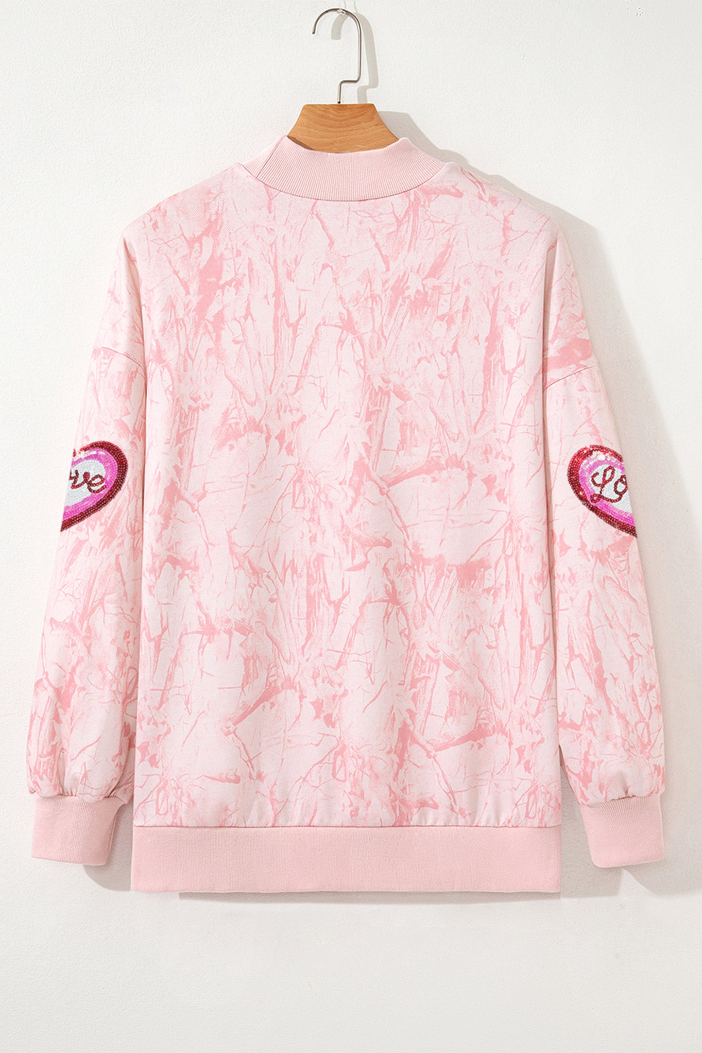 Pink Tie Dye Camo Sequin Love Heart Patched Mock Neck Sweatshirt