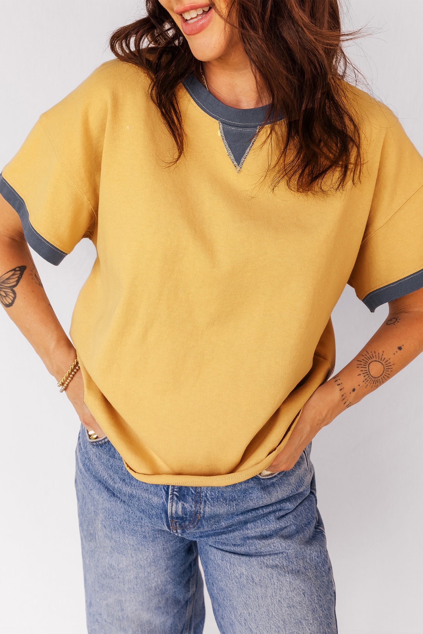 Banana Cream Contrast Trim Raw Hemline Short Sleeve Loose Top