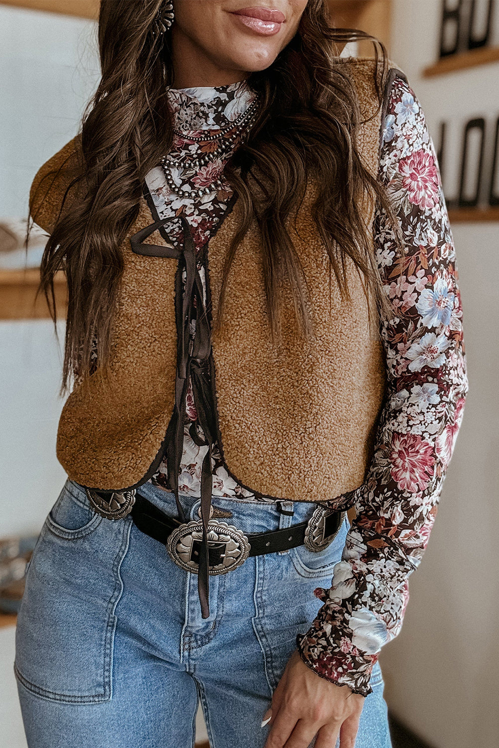 Light French Beige Contrast Trim Tie Front Sherpa Vest