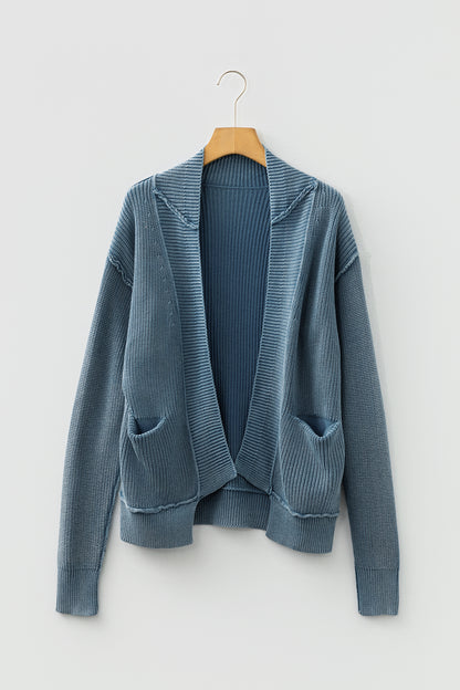 Dark Brown Mineral Wash Exposed Seam Patchwork Knit Open Sweater Cardigan