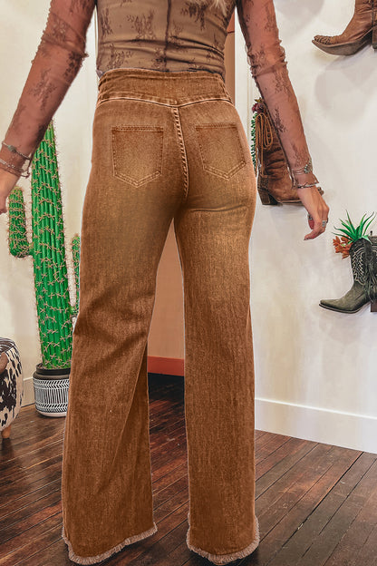 Coffee High Waist Button Fly Seamed Raw Hem Flare Jeans