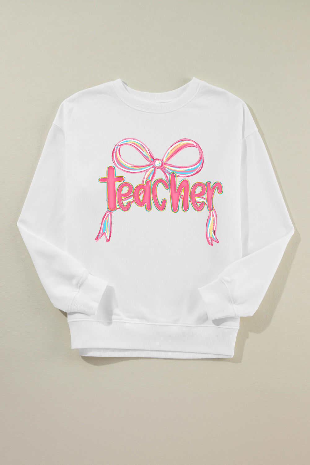 White teacher Bow Heat Transfer Printing Graphic Pullover Sweatshirt