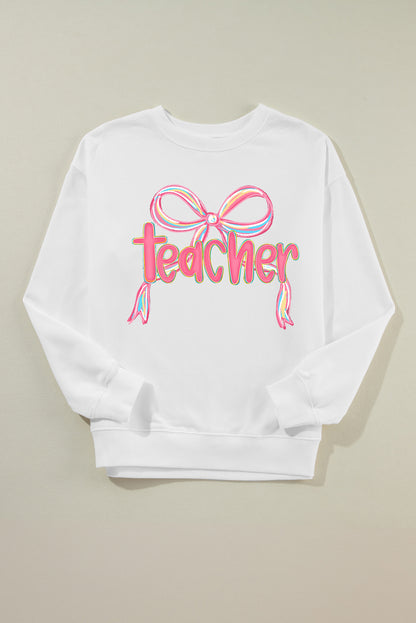 White teacher Bow Heat Transfer Printing Graphic Pullover Sweatshirt