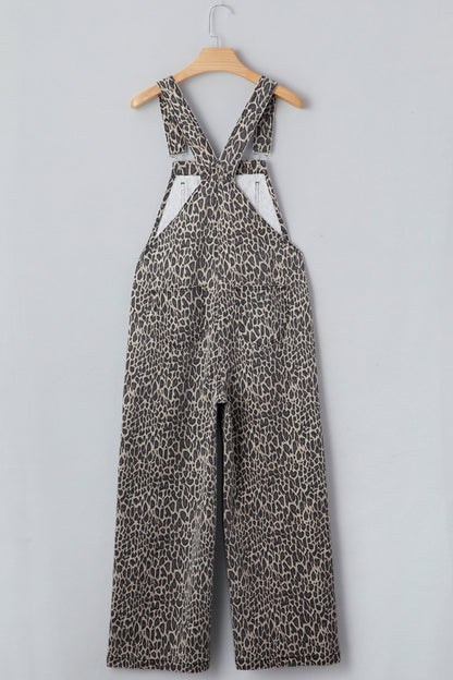 Brown Leopard Print Straight Leg Loose Denim Overall Jumpsuit