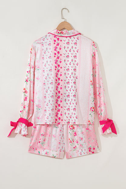 Pink Mixed Floral Print Contrast Piping Trim Satin Tie Pajama Set