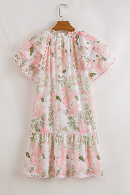 Orange Floral Contrast Edge Layered Short Sleeve Mini Dress