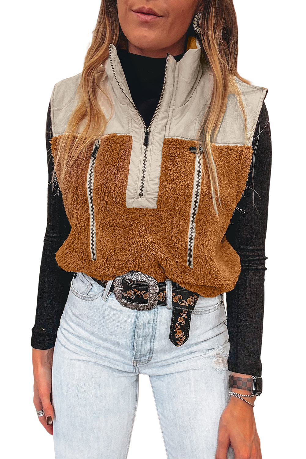 Chestnut Color Block Plush Patchwork Zipper Stand Neck Vest