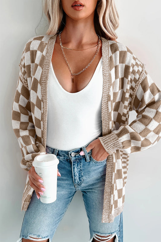 Brown Checkered Open Front Drop Shoulder Cardigan