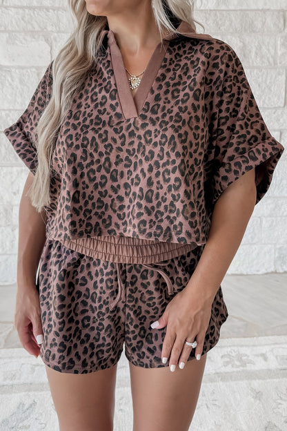 Brown V Neck Collar Leopard Printed 2pcs Short Set