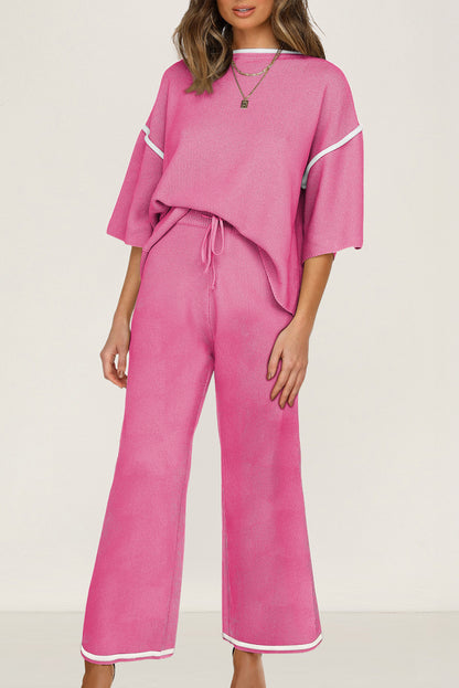 Bright Pink Contrast Trim Half Sleeve Top Drawstring Pants Loose 2pcs Sweater Suit