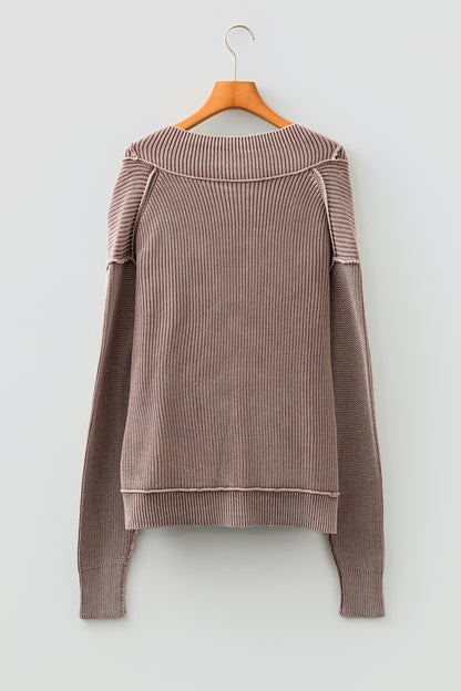 Dark Brown Mineral Wash Exposed Seam Patchwork Knit Open Sweater Cardigan