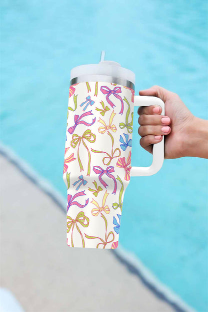 White Bow Knot Print Large Stainless Steel Vacuum Cup
