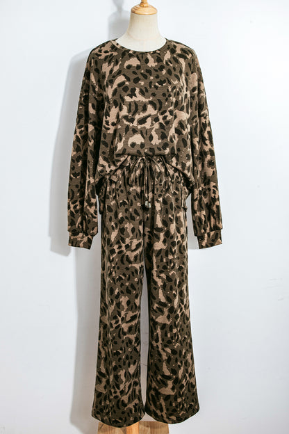 Brown Leopard Print Raw Seam Patchwork Pullover Drawstring Loose Pant Set