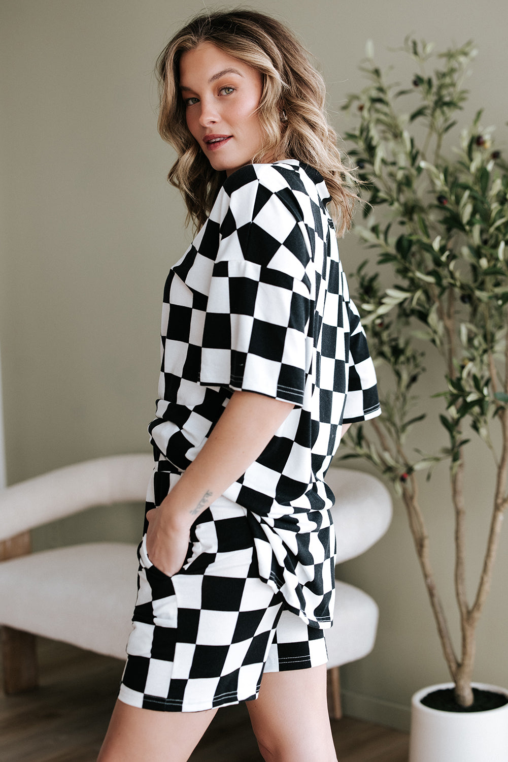 Orange Checkerboard Print V Neck Loose Tee and Shorts Lounge Set