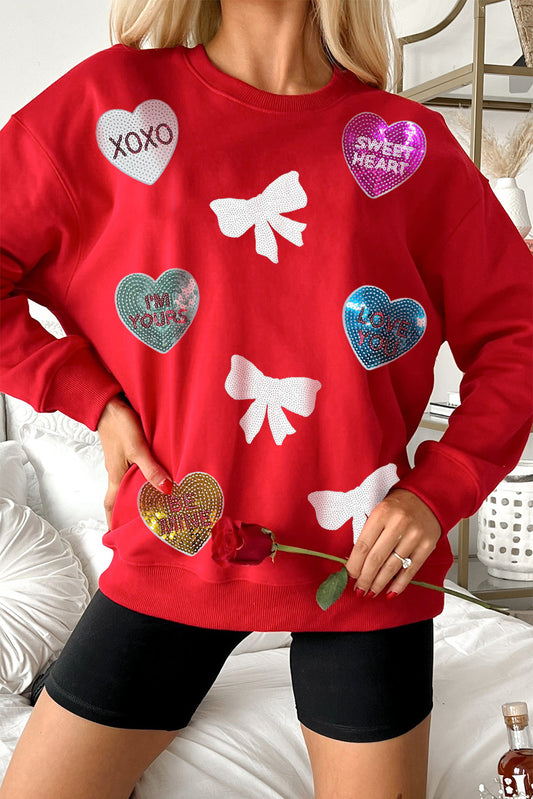 Red Valentines Sequin Bow Heart Patched Pattern Pullover Sweatshirt