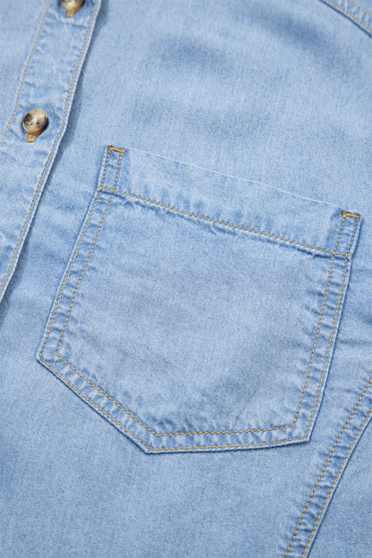 Beau Blue Half Sleeve Button Down Ruffled High Low Chambray Shirt