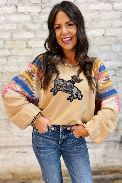 Light French Beige Rodeo Sequins Patch Graphic Fashion Sweatshirt