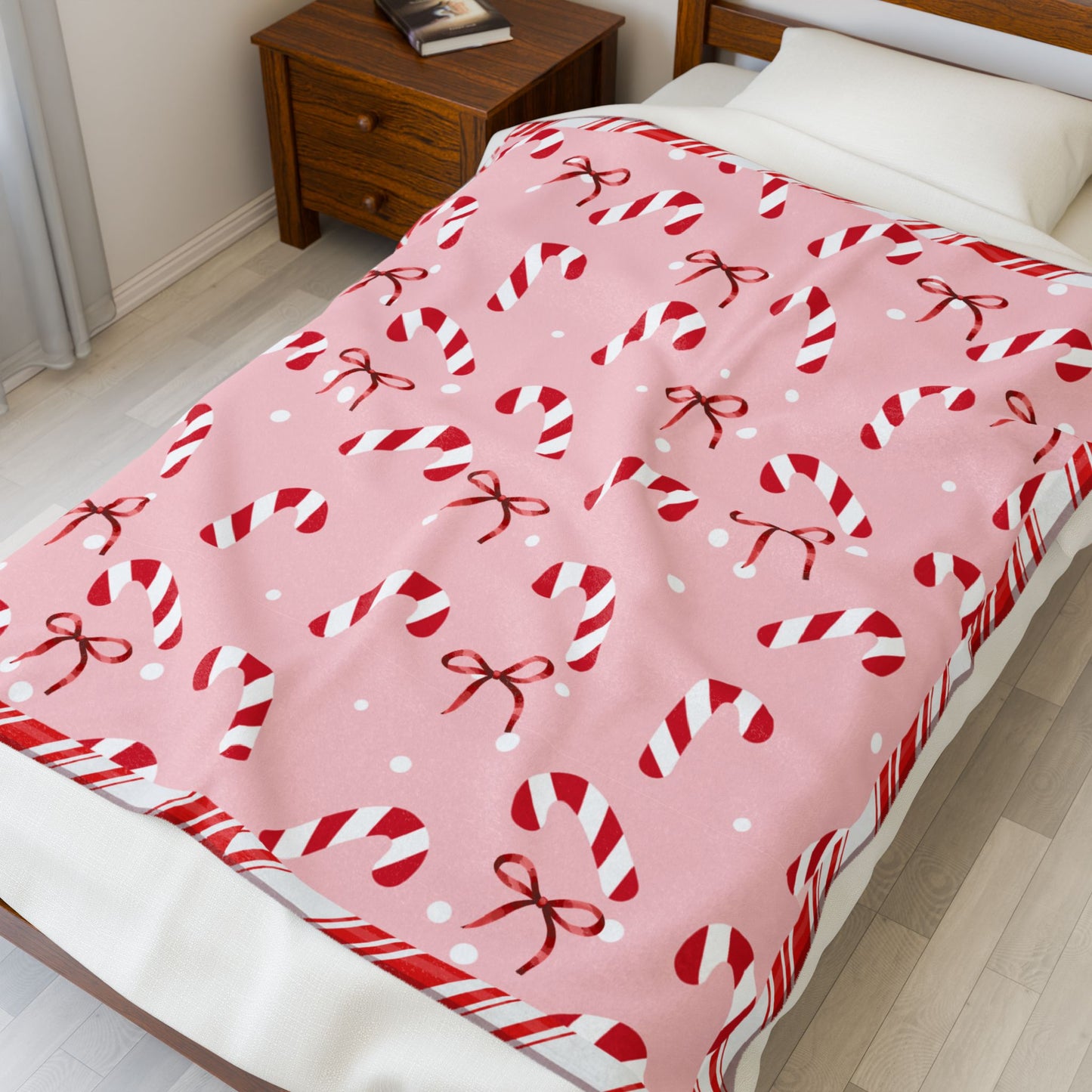 Candy Cane and Bow Pink Christmas Blanket