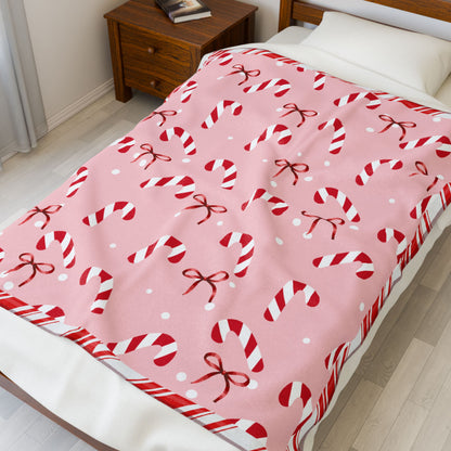 Candy Cane and Bow Pink Christmas Blanket