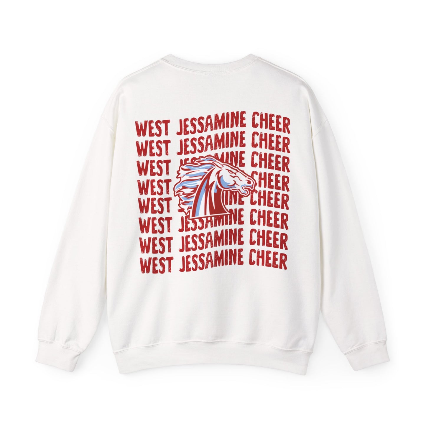 West Jessamine Cheer Crewneck Sweatshirt — Back ‘West Jessamine Cheer’ with Horse Logo - Unisex