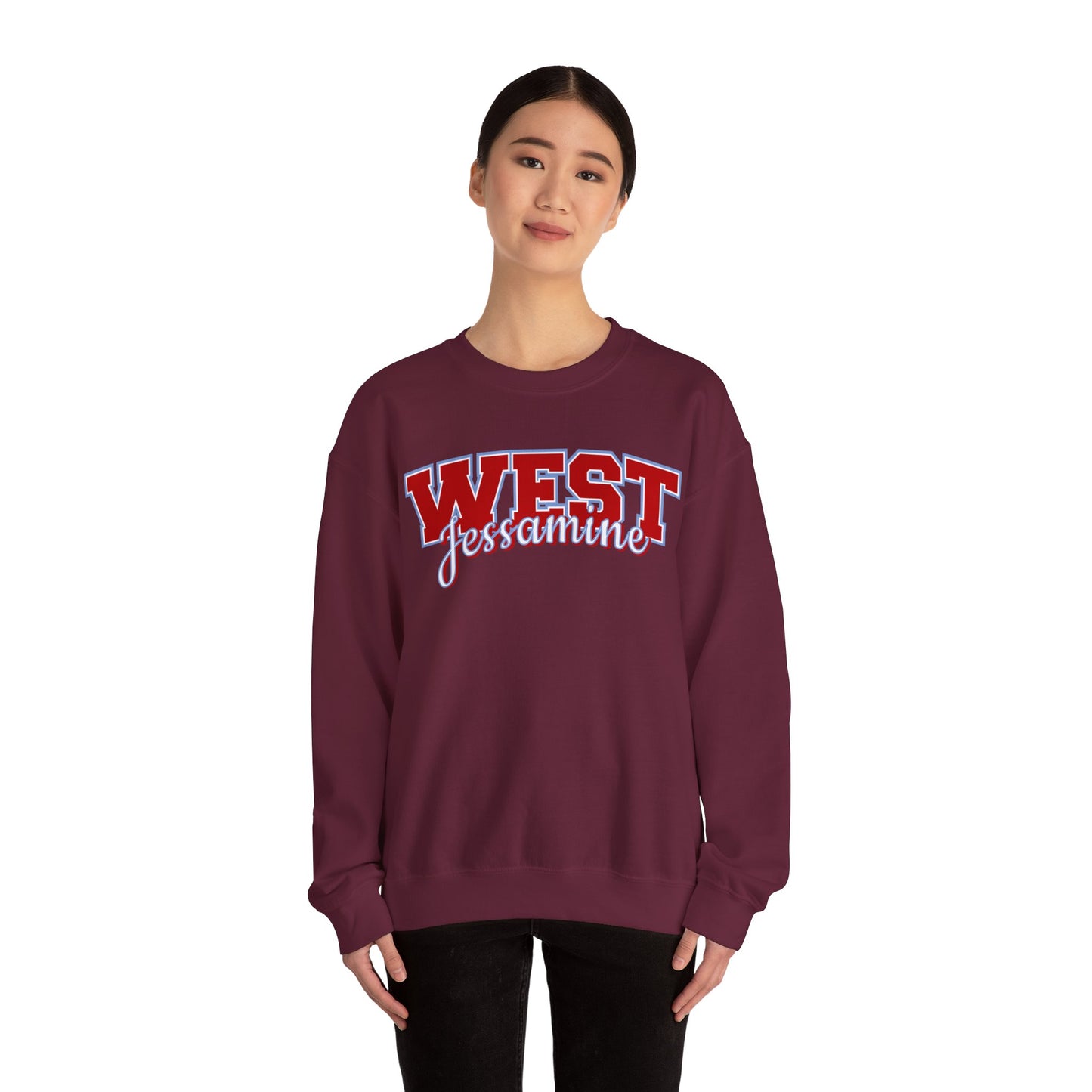 West Jessamine Cheer Crewneck Sweatshirt — Back ‘West Jessamine Cheer’ with Horse Logo - Unisex