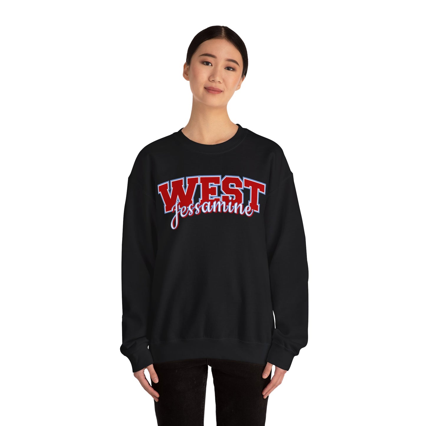 West Jessamine Cheer Crewneck Sweatshirt — Back ‘West Jessamine Cheer’ with Horse Logo - Unisex