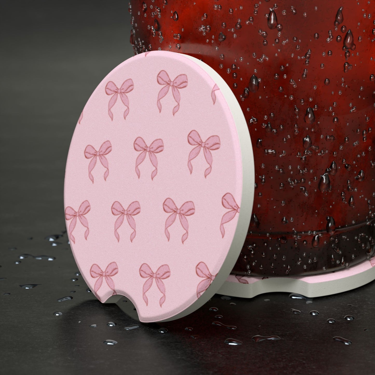 Pink Bow Soapstone Car Coaster — Cute Decorative Drink Holder - Valentines Day