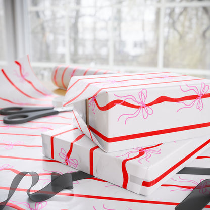 Pink Bows & Red Stripes Wrapping Paper — Coquette Gift Wrap