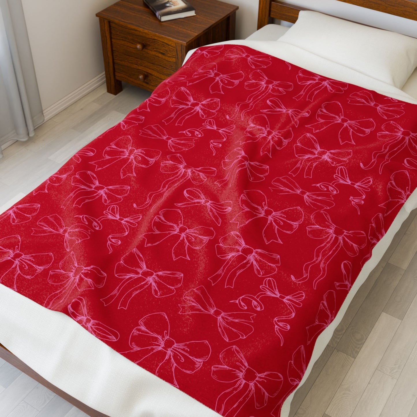 Red Velvet Bow Plush Blanket — Soft Holiday Velveteen Throw