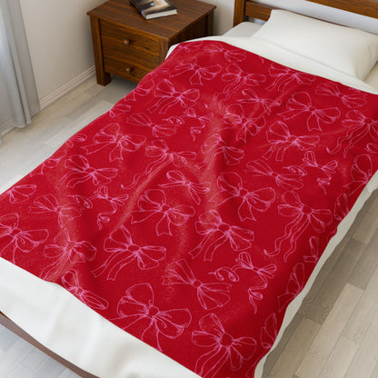 Red Velvet Bow Plush Blanket — Soft Holiday Velveteen Throw