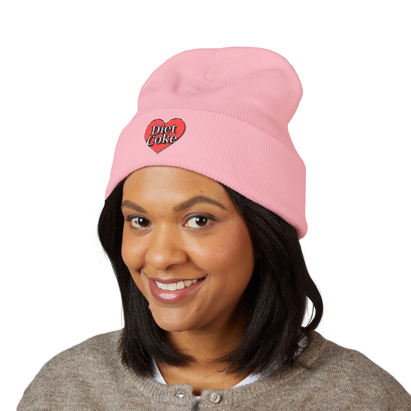 "Diet Coke" Heart Embroidered Cuffed Beanie — Classic Script Winter Hat