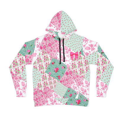 Coquette Floral Patch Athletic Hoodie — Green & Pink AOP with Bows