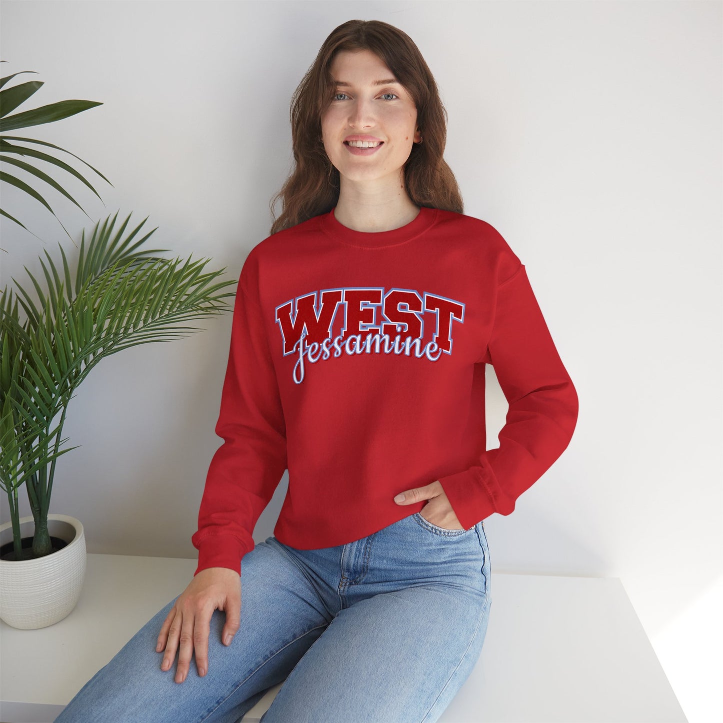 West Jessamine Cheer Crewneck Sweatshirt — Back ‘West Jessamine Cheer’ with Horse Logo - Unisex