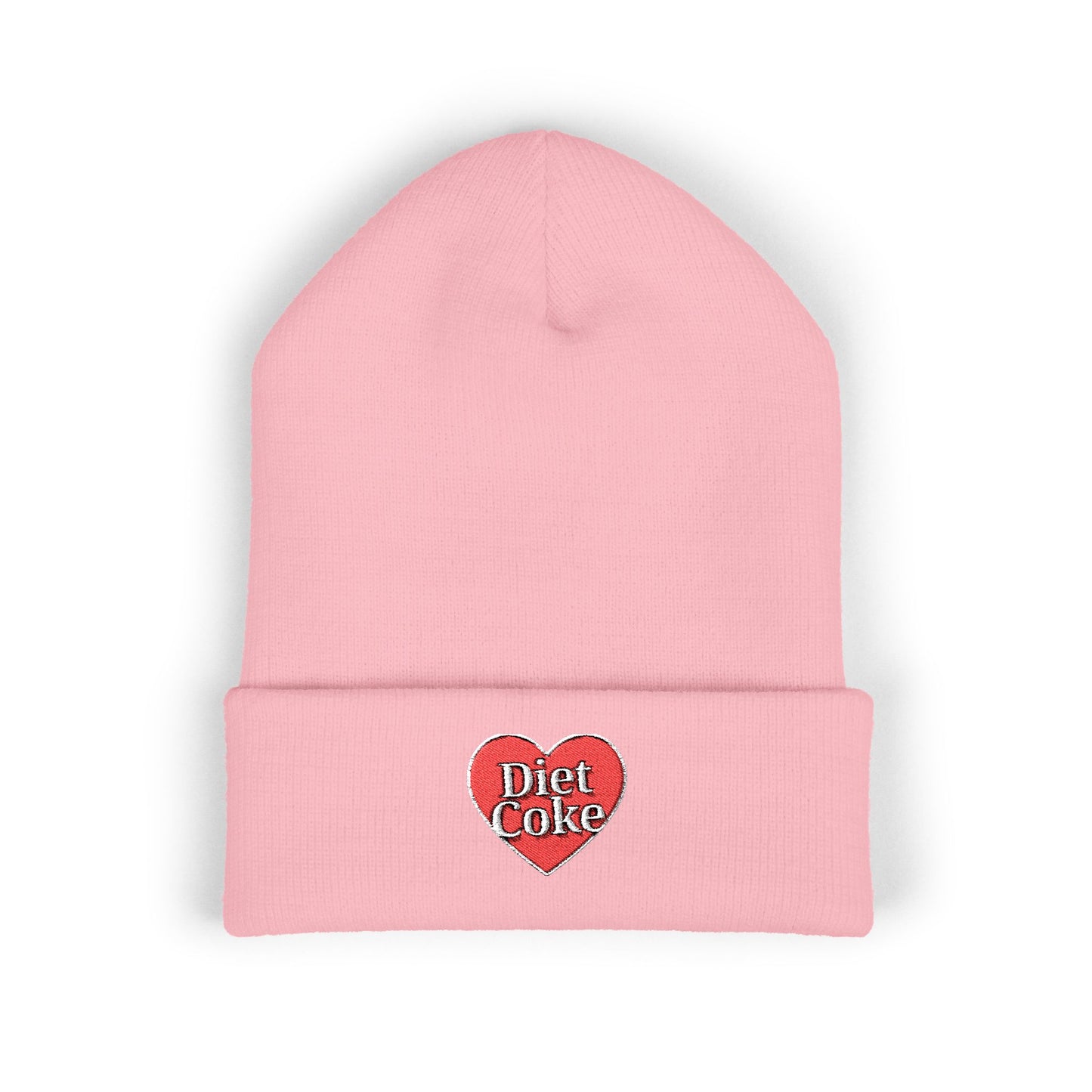 "Diet Coke" Heart Embroidered Cuffed Beanie — Classic Script Winter Hat