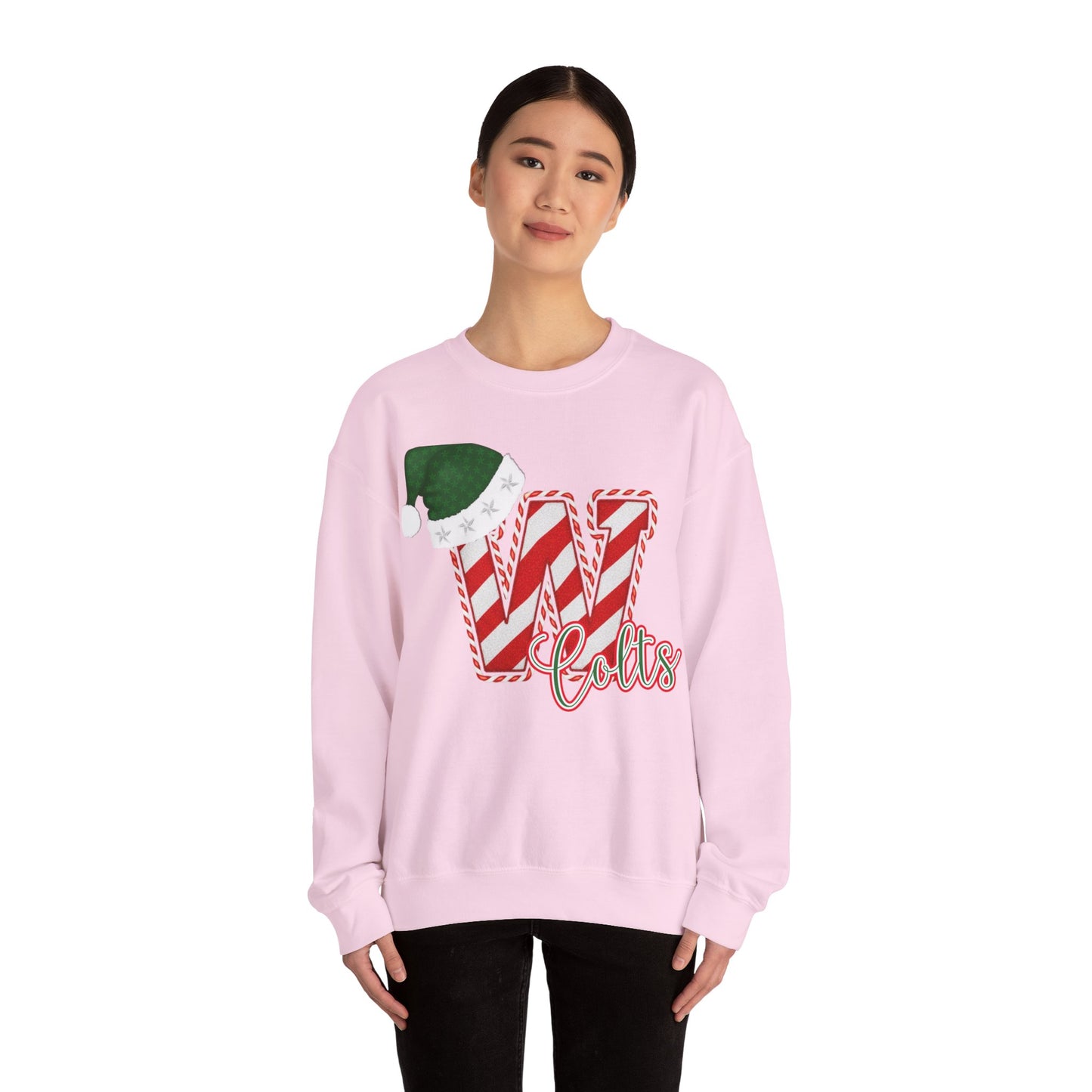 Candy Cane "W" with Green Santa Hat; Colts - Christmas Sweatshirt - Unisex