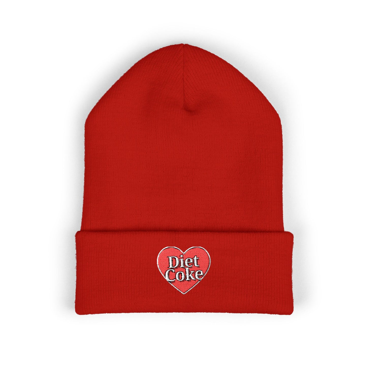 "Diet Coke" Heart Embroidered Cuffed Beanie — Classic Script Winter Hat