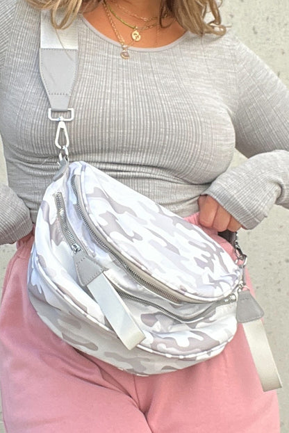 Light Grey Camouflage Print Double Zipper Crossbody Bag
