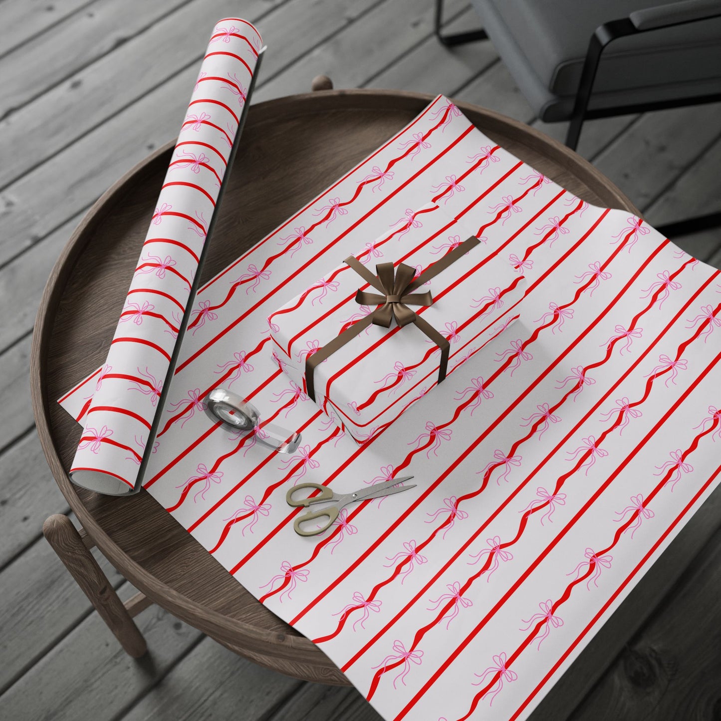 Pink Bows & Red Stripes Wrapping Paper — Coquette Gift Wrap