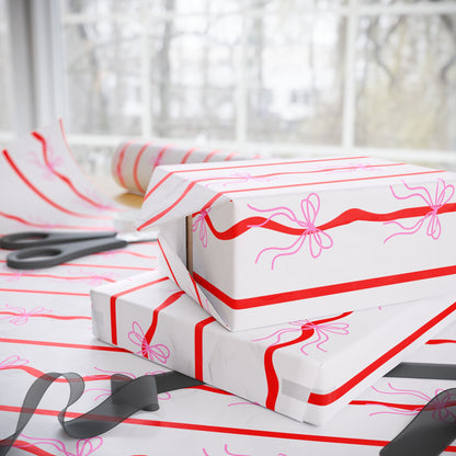 Pink Bows & Red Stripes Wrapping Paper — Coquette Gift Wrap