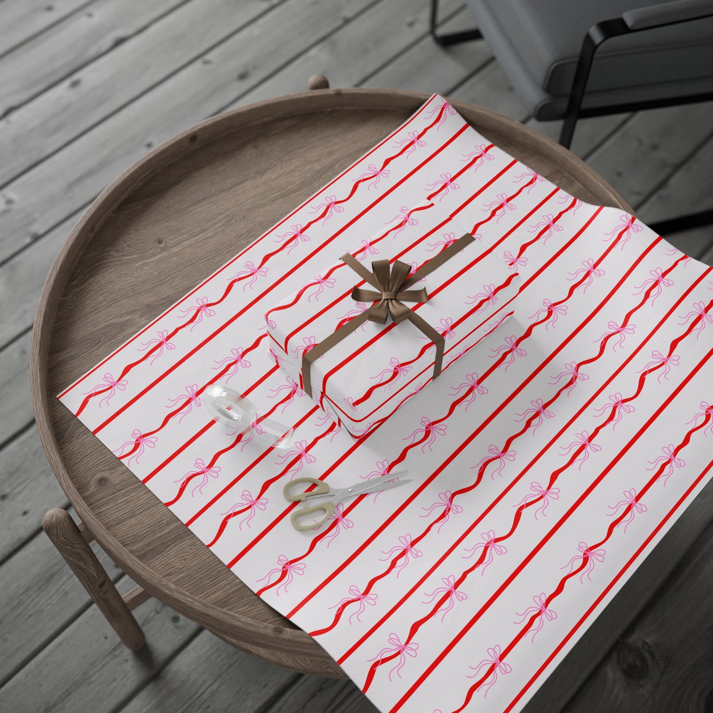 Pink Bows & Red Stripes Wrapping Paper — Coquette Gift Wrap