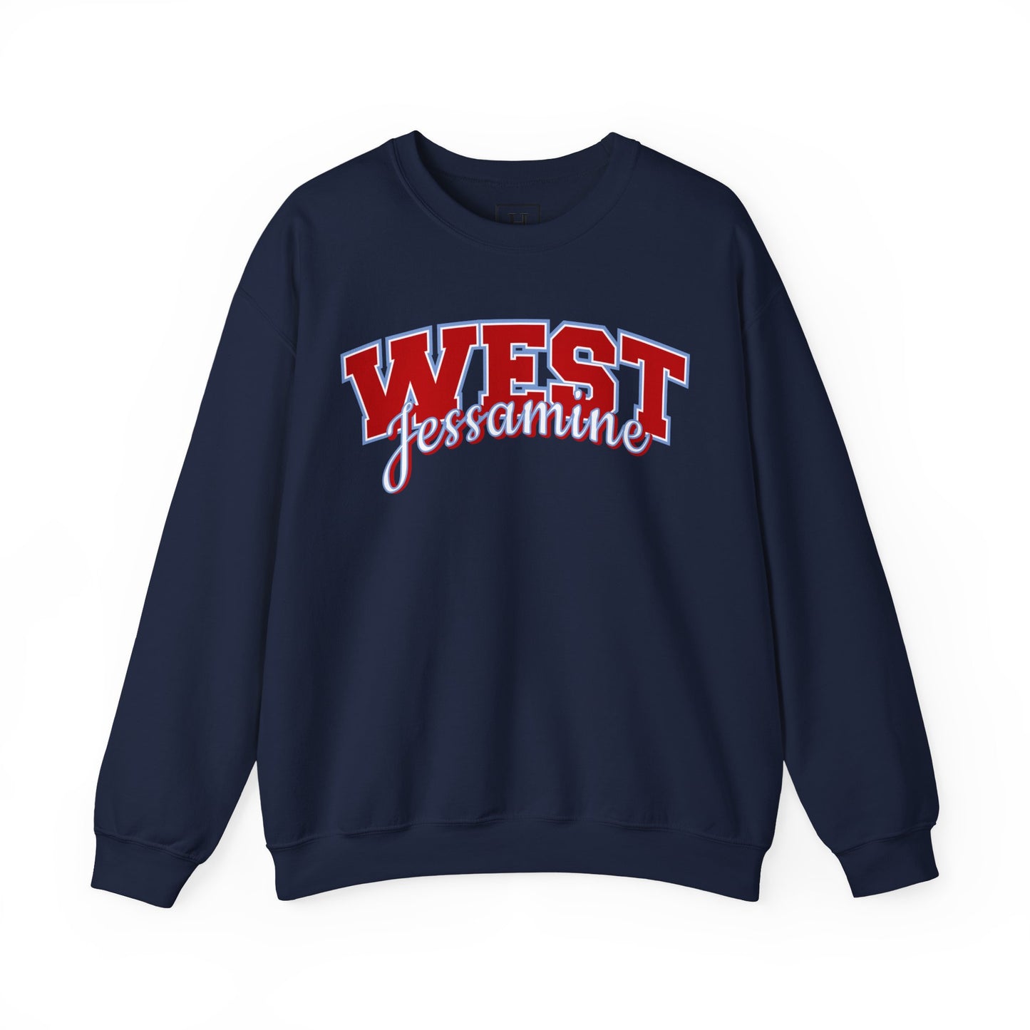 West Jessamine Cheer Crewneck Sweatshirt — Back ‘West Jessamine Cheer’ with Horse Logo - Unisex