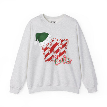 Candy Cane "W" with Green Santa Hat; Colts - Christmas Sweatshirt - Unisex